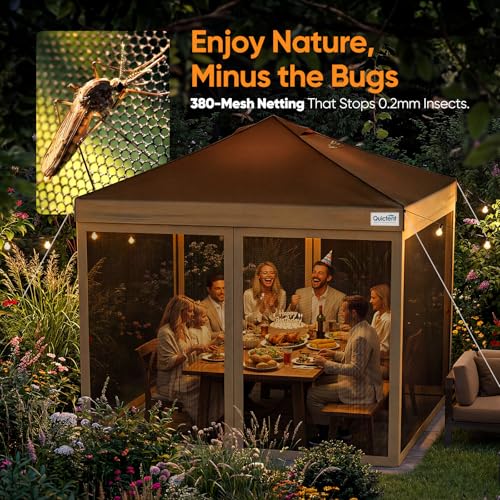 Quictent 6.6x6.6 Pop up Canopy Tent with Netting, Auto-Close Magnetic Doors, One Person Instant Setup Screen House Room Tent Screened Waterproof - color: Khaki, size: 6.6'x6.6'