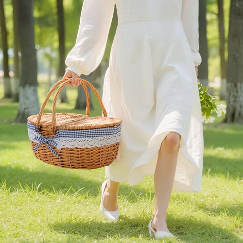 GRANNY SAYS Wicker Picnic Basket for 2 with Handles, Woven Cute Boo Basket with Washable Liner & Dual-Flip Lid, Vintage Large Picnic Baskets for Camping, Outdoor, Gift, Blue and White Checkered Liner - color: Blue