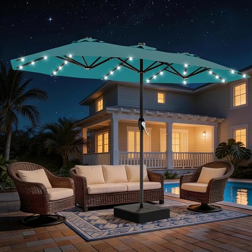 AreShark 15FT Patio Umbrella with Solar Lights, Double Sided Outdoor Table Umbrellas with Crank, Large Rectangular Market Umbrella for Porch, Lawn, Pool, Backyard, Lake Blue - color: Lake Blue, size: 9x15 Ft