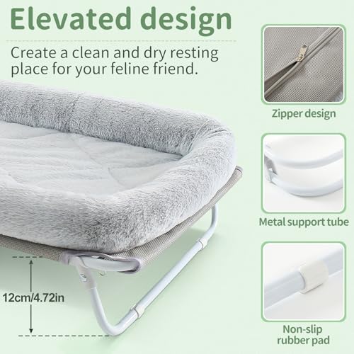 Sunhoo Elevated Cat Bed Foldable Raised Pet Hammock Self-Supporting Puppy Lounger with Off Floor Metal Frame Washable Cover for Small Dog Kitten Indoor Use 25.2x15.75x7.48 in（Grey） - color: Grey