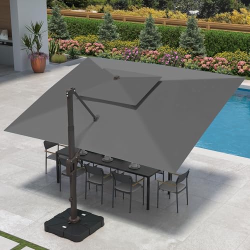 9 X 12 FT Cantilever Patio Umbrella with Led Lights Outdoor Heavy Duty Double Top Rectangle Offset Umbrellas with 360-degree Rotation for Pool Deck Backyard, Grey - color: Grey, size: 9' X12' Only Umbrella(LED)