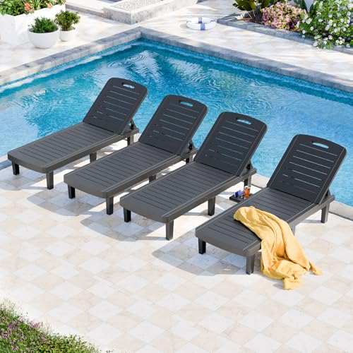 Outdoor Chaise Lounge Set of 4, 5-Position Adjustable Sun Lounge w/Pull-Out Tray, Waterproof PP Lounge Chairs for Outside, Lounge Chairs for Poolside, Patio, Beach, Yard in All Weather,Black - style: Set of 4