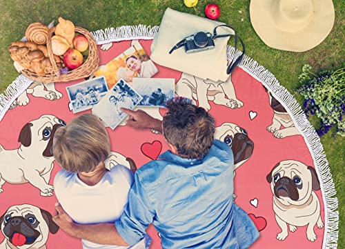 Benefeet Sox Beach Towel Large Round Mandala Pool Towels Tassels Microfiber Quick Dry Beach Blanket Throw Bohemian Roundie Swim Pool Circle Towel, 59 Inches - color: Heart Pug Dog, Pink