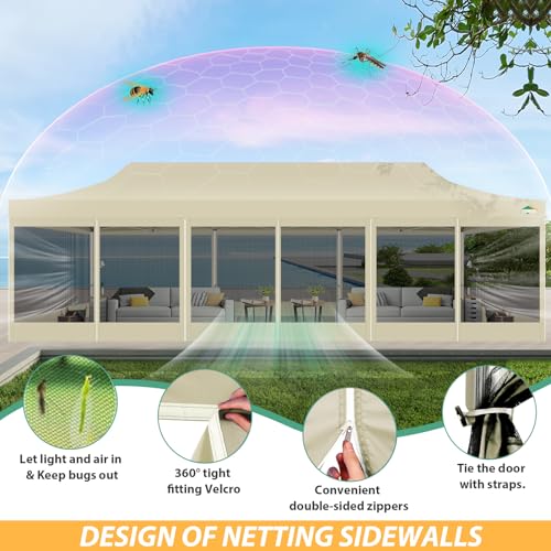COBIZI 10x30 Pop Up Canopy with Sidewalls, Heavy Duty Canopy with Mosquito Netting, Easy up Screen Party Tents for Parties Backyard Outdoor Commercial Event Gazebo with Roller Bag, Sandbags, Khaki - color: Khaki, size: 10x30ft(standard)