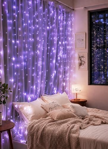 Brightown 300 LED Purple Fairy Curtain Lights, 9.8ft x 9.8ft String Lights, USB Plug in 8 Lighting Modes Christmas String Hanging Lights with Remote for Bedroom Indoor Outdoor Party Xmas Purple 1 Pack - color: Purple, size: 1 Pack-300 LED