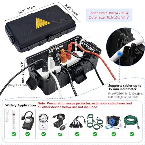 Hrensaw Medium Outdoor Electrical Box(10.6x5.5x4.5inch),Weatherproof Connection Box w/6 Cable Entry,IP54 Waterproof Extension Cord Cover Protect Power Strip,Timer,Plug,Holiday Lights,Black - color: Black, size: Medium