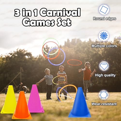 3 in 1 Carnival Games Set,39PCS Soft Plastic Cones Cornhole Bean Bags Ring Toss Game,Carnival Combo Set Toss Games for Kids Adult Birthday Party Indoor Outdoor Games Supplies,Yard Lawn Games