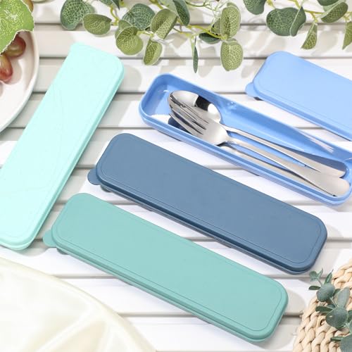 Yinkin 4 Pack Portable Travel Utensils Set with Case Reusable Stainless Steel Silverware Flatware Camping Cutlery Include Fork Spoon Knife for Work School Dishwasher Safe(Blue Color Series) - color: Blue-green Series