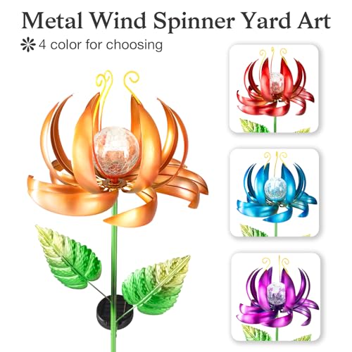 Solar Yard Lights Wind Spinners- Metal Lotus Flower Garden Decor LED Crackle Glass Globe Yard Art Sculpture Solar Stake Lights for Patio Pathway Lawn Walkway (Yellow-Large) - color: Yellow-large