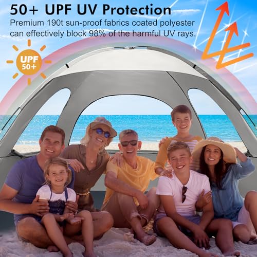 WhiteFang Beach Tent Anti-UV Portable Sun Shade Shelter for 3/4/6/8 Person, Extendable Floor with 3 Ventilating Mesh Windows Plus Carrying Bag, Stakes and Guy Lines - color: Baby's Breath, size: 8 Person
