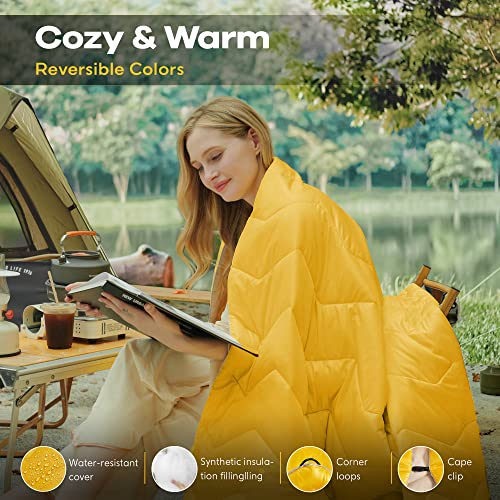 UNIKOME Waterproof Puffy Camping Blanket - Lightweight Packable Outdoor Quilt with Corner Loops, Warm Compact Blanket for Cold Weather Hiking Picnic Stadium Travel, 75"×52", Yellow - color: 07 Yellow