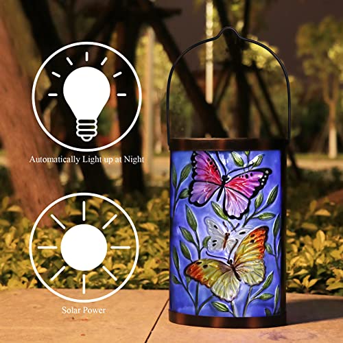 Hanging Solar Lantern Outdoor Waterproof LED Butterfly Solar Lights Decorative Solar Garden Lanterns Tabletop Lamp for Outdoor Patio Yard Decor - style: Pink-Yellow Butterfly