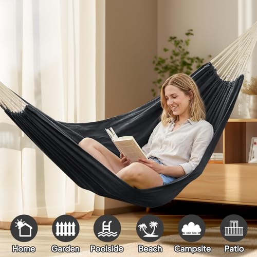 ANYOO Cotton Hammock Portable Camping Hammocks for Hanging Sturdy Garden Comfortable Fabric Hammock with Tree Straps Up to 660lbs with Travel Bag for Camping Outdoor/Indoor Patio Backyard - color: Dark Grey