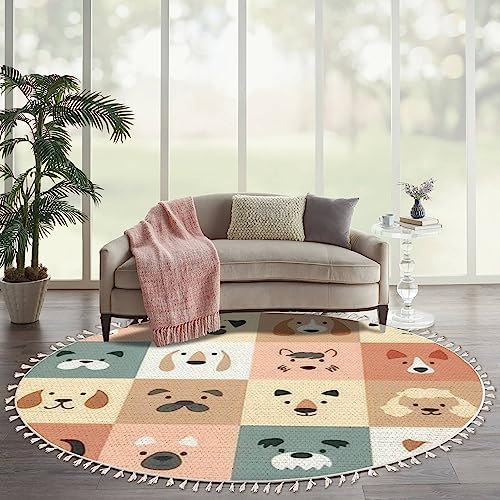 Round Boho Rug Cute Dogs for Kids and Baby Animals Nursery Poster for Greeting Cards Area Rug Linen Rug Carpet Patio Rug Hallway Runner Rug Mat Pad Minimalist Home Decor for Living Room Outdoor 6ft - color: Multi4, size: 6 ft