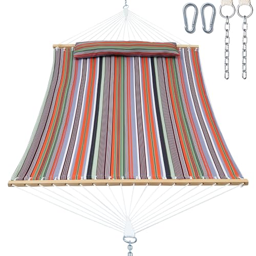 GAFETE Hammock 2 Person Quilted Fabric Hammocks for Outside, Double 12ft Hammocks with Spreader Bar, Large Removable Pillow, Storage Bag, Carabiners, Max 475 lbs Capacity (Sunset Red Stripe) - color: Sunset Red Stripe