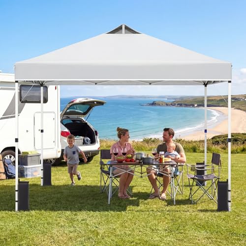 Tangkula 10 x10 Ft Pop Up Canopy with Center Lock, UPF 50+ One-Button Setup Outdoor Canopy Tent with Roller Bag, 4 Sand Bags, Heavy-Duty Steel Frame, 8 Stakes, 4 Ropes for Camping, Picnic - color: White