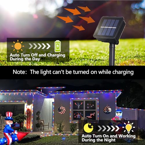 YEGUO Solar Rope Lights Outdoor Waterproof, 66ft 200 LED Red White and Blue Lights, 8 Modes Fairy Lights in Clear Thin Tube for Indoor Independence Memorial Day - color: Red White Blue
