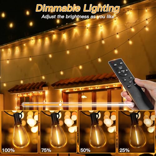 Ollny S11 50FT Outdoor String Lights with Remote, 3 Modes Dimmable Timers Waterproof Connectable Outside Lights, 24+2 LED Spare Bulbs Dusk to Dawn Hanging Light for Yard Balcony Camping Gazebo Garden - size: 50FT, style: S11-50FT(Remote)