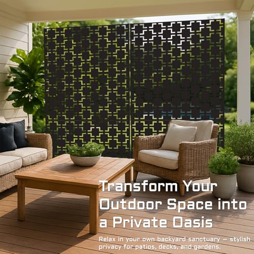 72" Metal Privacy Screen Freestanding Outdoor Room Divider Decorative Laser Cut Fence Panel, Weatherproof Patio Privacy Fence for Garden, Balcony, Backyard Landscape - color: Black