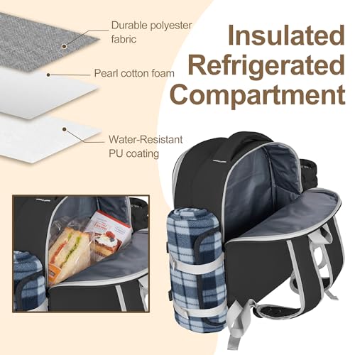 Picnic Backpack for 4 Persons with Insulated Leakproof Cooler Compartment, Cutlery Sets, Wine Holder, Fleece Blanket, Wedding Gifts for Couples, Perfect for Beach, Camping, Hiking, Black - color: Black