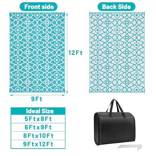 HEBE Outdoor Rug Waterproof 9x12, Plastic Straw Rug Camping Rug, Reversible Outdoor Patio Rugs RV Mat Clearance, Indoor Outside Floor Carpet for Porch,Deck,Camper,Balcony,Backyard - color: Teal, size: 9' x 12' (Rectangular)