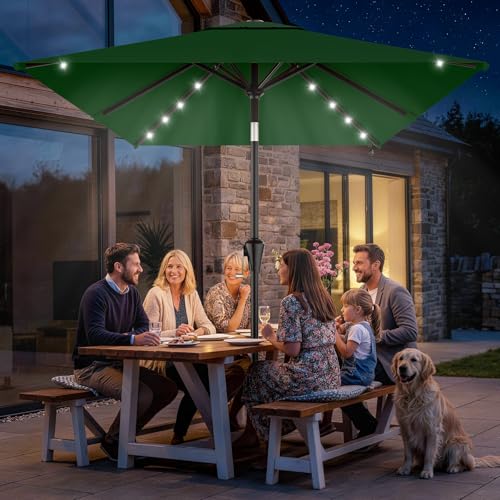 AreShark 6.5' x 10' Rectangular Patio Umbrella with Solar Lights, Solar Powered Lighted Market Umbrella w/Tilt and Crank, Outdoor Table Umbrella for Garden, Deck, Backyard, Pool, Dark Green - color: Dark Green, size: 6.5 X 10 Ft
