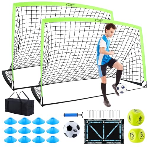 2 Set Kids Soccer Goals for Backyard with Training Equipment, Portable Foldable Practice Nets with Ball, Dice & Mat, Cones, Air Pump and Carry Bag for Toddler Youth Outdoor Sports Game - color: Optic Green, style: 6x4FT