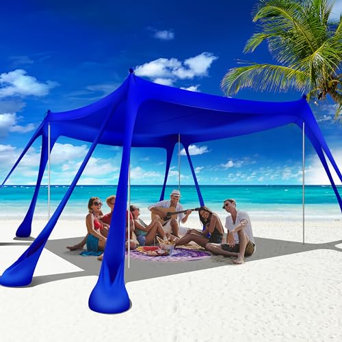 Beach Canopy Beach Tent Pop Up Shade 10x10ft Sun Shelter UPF50+ with 8 Sandbags-2 Sand Shovel-4 Aluminum Poles-Ground Pegs-Portable Carrying Bag for Outdoor Family Camping Fishing Yard Picnic - color: Navy