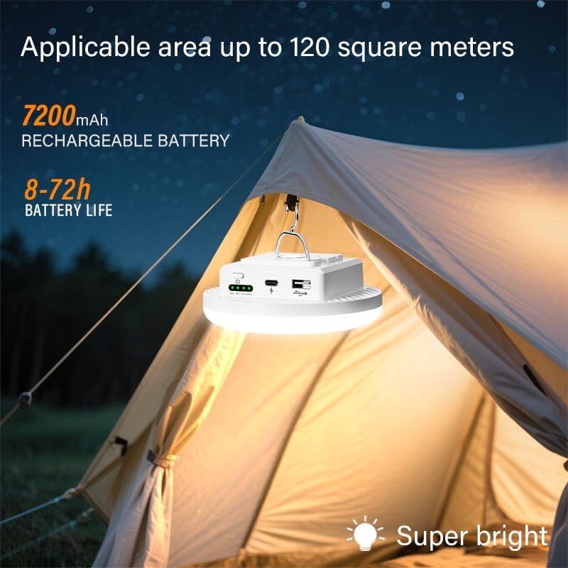 Tent Light 4500 Lumen, Camping Lantern Portable Rechargeable LED, Super Bright Magnetic Hanging Camping Light with 3 Color Modes & Stepless Dimming for Canopy, Tent, Emergency, Home & Travel（White） - size: 7200 mAh(white)