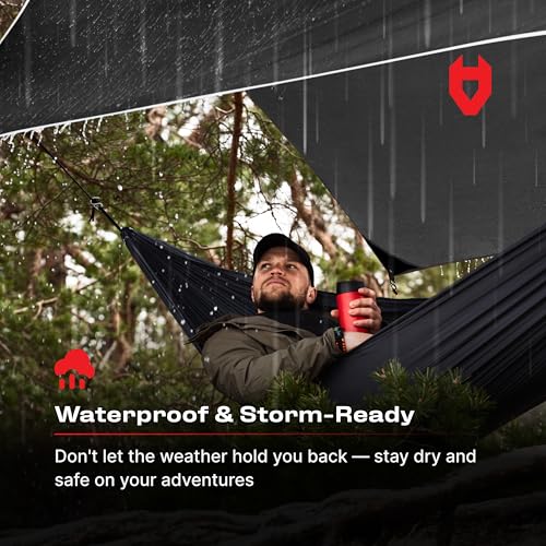 Rain Fly 12x10 Lightweight Survival Camping Tarp; 100% Waterproof; Makes a Great Backpacking Tarp or Hammock Shelter; Comes in Multiple Colors, Survival Bracelet Included; Black - color: 12x10 Black