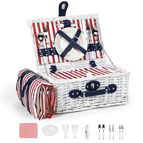 Wicker Picnic Basket for 2 with Waterproof Picnic Blanket and Insulated Bag, Patriotic Red White and Blue Star Pattern for Soccer Game, Camping, Travel, Birthday Gift, Wedding Gift - color: Classic Red White and Blue - 2