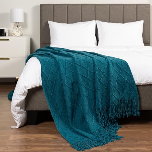 PAVILIA Teal Blue Knit Throw Blanket for Couch, Twin Bed, Soft Knitted Farmhouse Sofa Throw for Living Room, Lightweight Decorative Summer Blanket for Chair, Outdoor Textured Boho Blanket, 60x80 - color: Teal Blue, size: 60 X 80 Inches - Twin