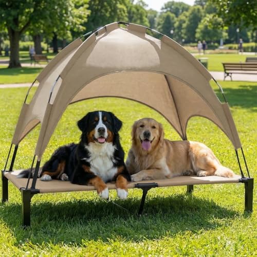 Elevated Dog Bed with Canopy Raised Pet Cot for Large Dogs, Outdoor Dog Cot with Removable Sun Shade Tent, Breathable Mesh Portable Dogs Cot for Camping, Beach, Backyard, Outdoor Use - color: Beige, size: 60"L x 36"W x 49"H