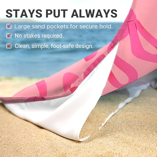 Sunlit Large Beach Blanket Waterproof Sand Proof, 81" x106" Sand Free Beach Mat Anchored Pockets and Storage Bag, for Travel Beach Camping Outdoor Festival, Coquette Pink Bow