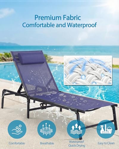 2 Pack Foldable Chaise Lounge Chair with Cup Holder, Assemble-Free Outdoor Lounge Chair with Detachable Pillow and 6 Adjustable Backrest, Patio Lounge Chair for Outside Poolside Beach Pool, Blue - color: Blue, size: 2-Pack