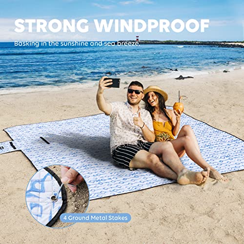 ZAZE Beach Blanket Picnic Blankets Waterproof Sandproof with Stakes, Thick 3-Layer 80 * 80 Oversized Mat, Extra Large Big Machine Washable, Foldable Accessories Outdoor Camping Park (Blue White) - color: Blue and White With Stake
