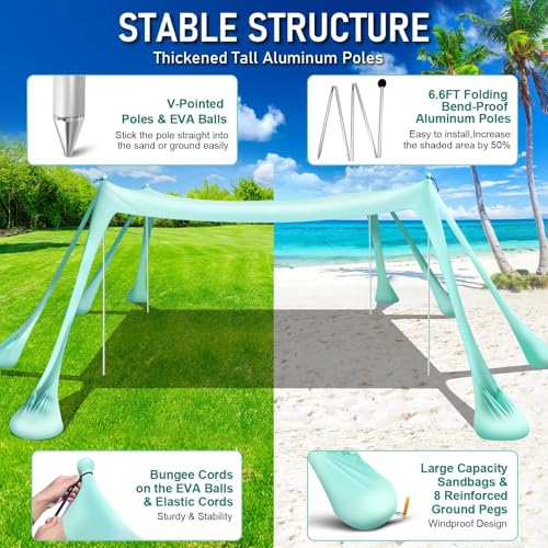 Beach Tent Sun Shelter Beach Canopy Tent Sun Shade Pop Up 10x10 UPF50+ with 8 Sandbags-2 Sand Shovel-Portable 4 Aluminum Poles-Ground Pegs-Easy Setup for Outdoor Family Camping Fishing Picnic - color: Turquoise