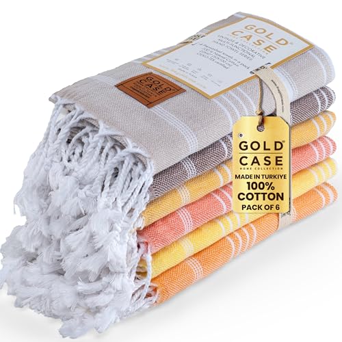 GOLD CASE HOME COLLECTION Lycia Original Turkish Hand Towels by Gold CASE-Set of 6-20x40'' 100% Cotton Decorative Bathroom & Kitchen for Hand,Face,Hair,SPA,Gym,Tea and Dishcloth,Tones of Yellow - color: Tones of Yellow, style: Hand Towel Set