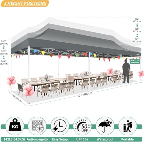 COBIZI 10x30 Pop Up Canopy with Sidewalls, Heavy Duty Canopy with Mosquito Netting, Easy up Screen Party Tents for Parties Backyard Outdoor Commercial Event Gazebo with Roller Bag, Sandbags, Gray - color: Gray, size: 10x30ft(standard)