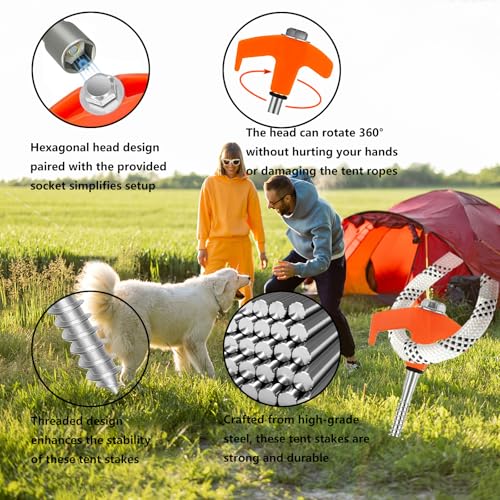 8" Tent Stakes Heavy Duty 12 Pack, Screw in Tent Stakes, Metal Threaded Camping Stakes, Ground Anchors for Canopies, Gardening, Yard Stakes for Inflatables, with Storage Box and Hex Socket - style: 12 PCS Orange