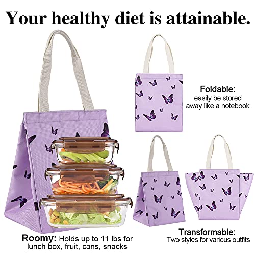 iknoe Insulated Lunch Bag for Women, 9L Durable Wide-Open Foldable & Portable Lunch Tote with Interior Pockets, Water-resistant Thermal Lunch Cooler for Adults Picnic Beach (Purple Butterfly) - color: purple butterflies, size: Velcro Closure