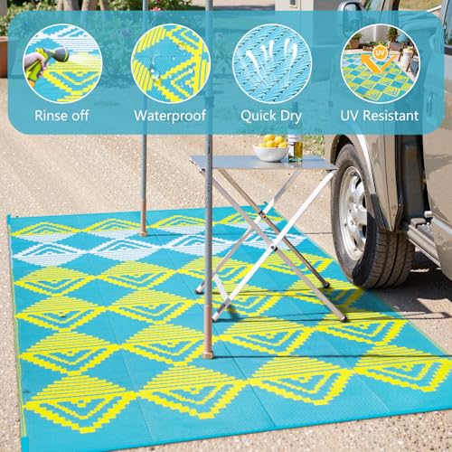 Lahome Waterproof Outdoor Patio Rug 9x12, Reversible Large Outdoor Area Rug for Patios, Camping Rugs for Beach RV Backyard Deck Picnic Trailer (Blue/Yellow, 9' x 12') - color: Blue/Yellow/Checkered, size: 9'x12'