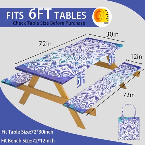 Fitted Waterproof Picnic Table Cover with Bench Covers Elastic Stain Resistant Camping Table clothes for 6Feet Rectangle Tables Outside Parties Necessities Gift Travel Trailers Trips Rv Things - color: Blue Mandala Flower, size: 72" x 30" (Rectangular)