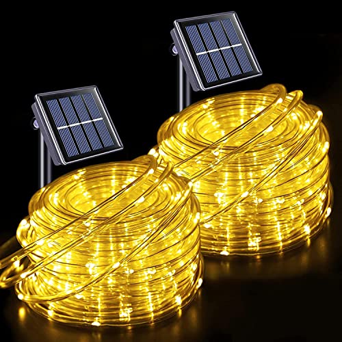 JMEXSUSS 2 * 200 LED Warm White Solar Rope Lights, 66ft IP 65 Waterproof Solar String Light Outdoor, 8 Modes Christmas Lights for Camp Trampoline Ladder Slide Tent - color: Warm White, size: 2*200 LED