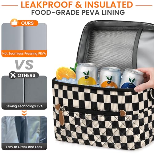Tenot Insulated Lunch Box for Women Reusable, Leak Proof Cooler Lunch Bag Women for Work Stylish Quilted Lunch Tote Bag for Adult Picnic Travel Hiking Corduroy Checkered Black - color: Corduroy Checkered Black