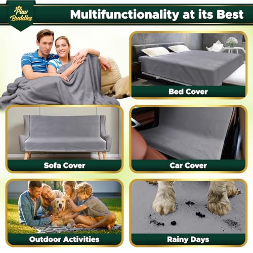 Paw Buddies Premium Waterproof Blanket 80"x90" Velvet-Feel Reversible Throw – Leakproof, Machine Washable Bed & Sofa King Size Protector for Couples, Pets & Travel + Bonus Small Blanket - color: Grey