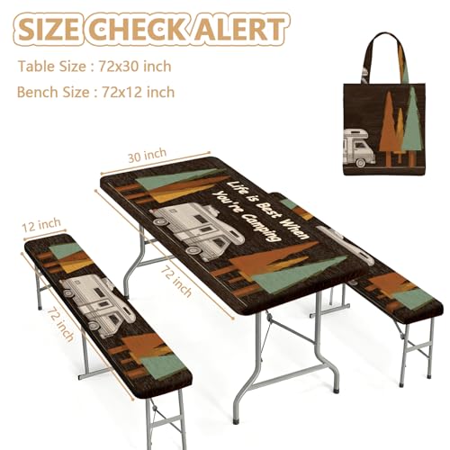Picnic Table Cover with Bench Covers Elastic Edges, Outdoor Patio Camping Essentials 72 Inch 3PCS, Waterproof Camping Fitted Tablecloth with Handbags (Life is Best When You're Camping) - color: Wooden Camping Trailer