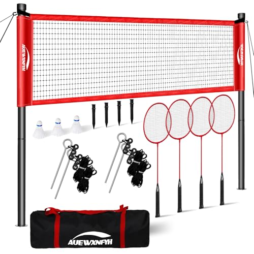 Backyard Badminton Set: Portable Outdoor Net with 4 Performance Rackets, 3 Shuttlecocks & Boundary Line - Complete Heavy-Duty Set for Family Lawn, Grass & Beach Games - color: Red