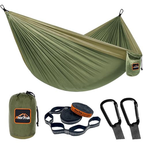 AnorTrek Camping Hammock, Super Lightweight Portable Parachute Hammock with Two Tree Straps Single or Double Nylon Travel Tree Hammocks for Camping Backpacking Hiking - color: Army Green&khaki, size: Double 118''L x 78''W