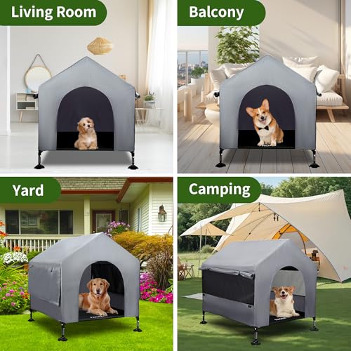 Summertrail 36" Large Dog House Outdoor Indoor with Breathable Mesh Windows-Elevated Dog Bed Cot Dog Tent Shade Shelter for Large Breeds with Canopy, Weatherproof Dog Kennel for Outside, Easy Clean - style: 36" Grey